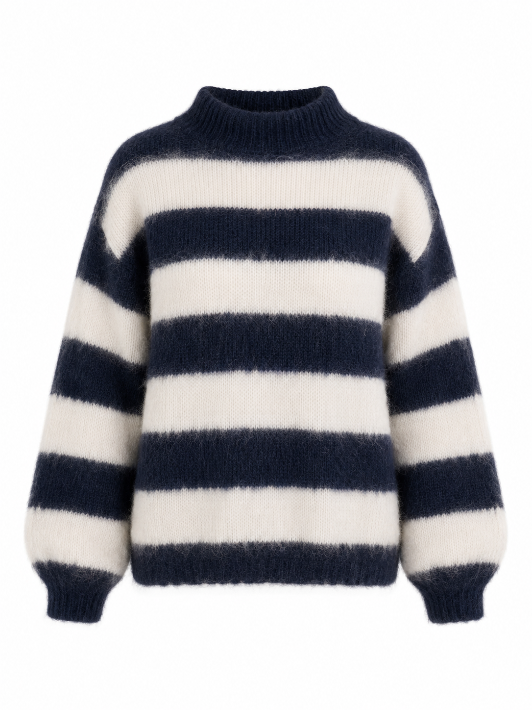 Women's navy and cream striped mock neck jumper with long sleeves
