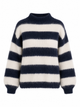 Women's navy and cream striped mock neck jumper with long sleeves