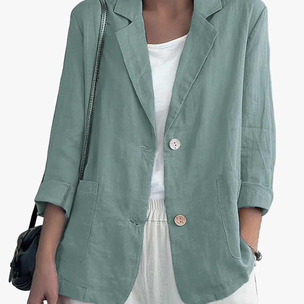 Women's navy blazer with notched lapels and front buttons
