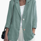Women's navy blazer with notched lapels and front buttons