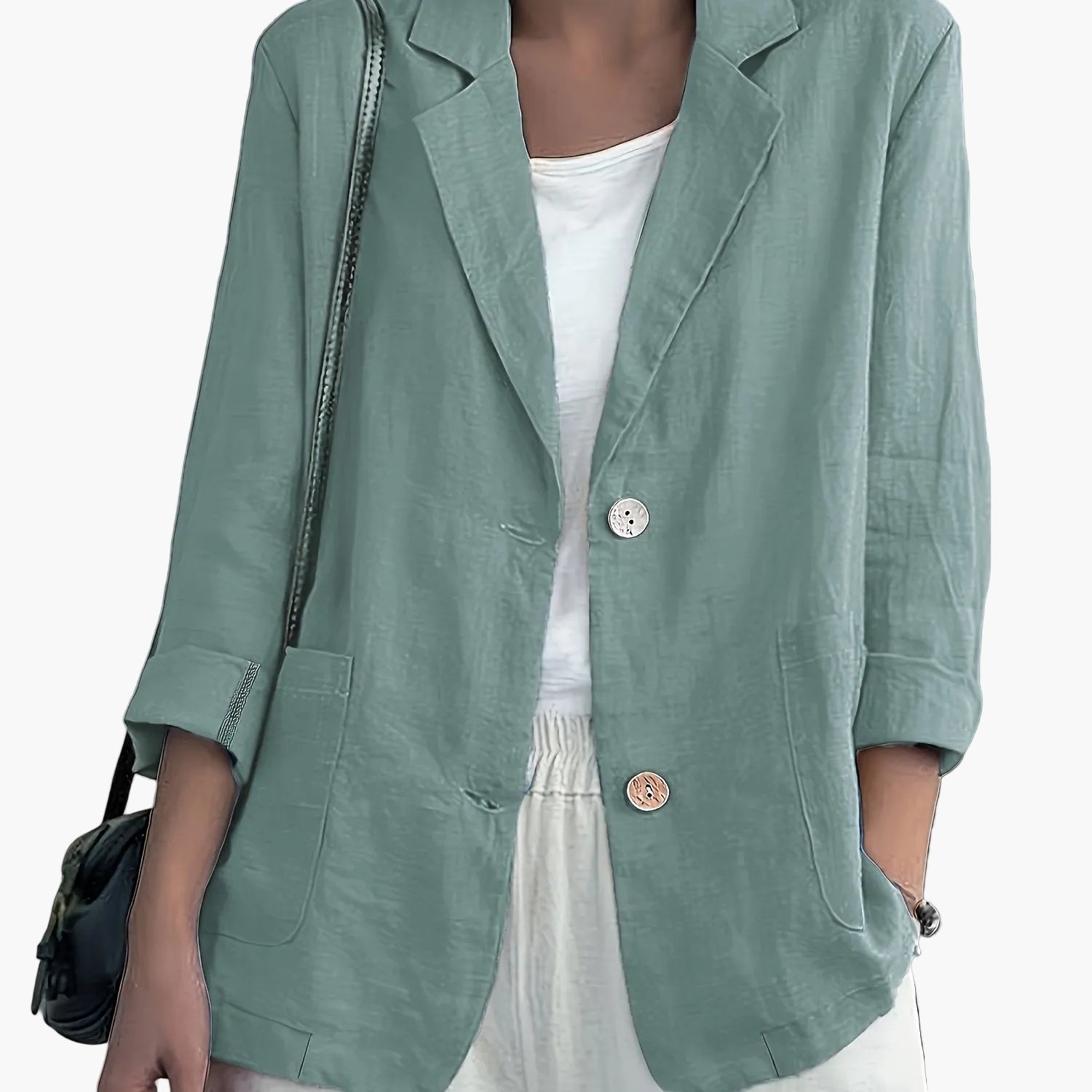 Women's navy blazer with notched lapels and front buttons