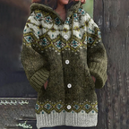 Women's Nordic patterned hooded knit cardigan with buttons