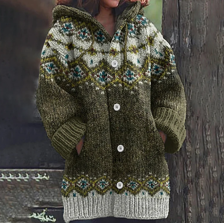 Women's Nordic patterned hooded knit cardigan with buttons