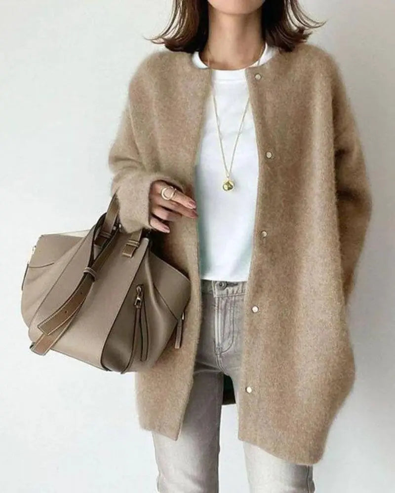 Women's long button-front cardigan with round neckline and long sleeves