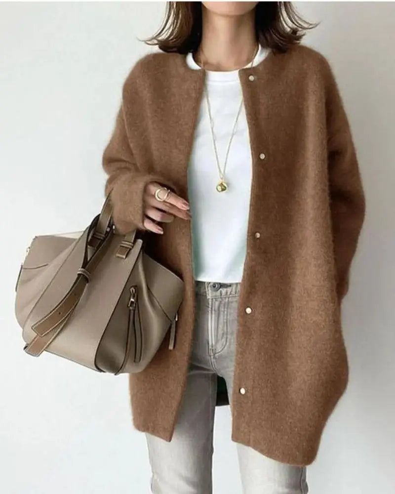 Women's long button-front cardigan with round neckline and long sleeves