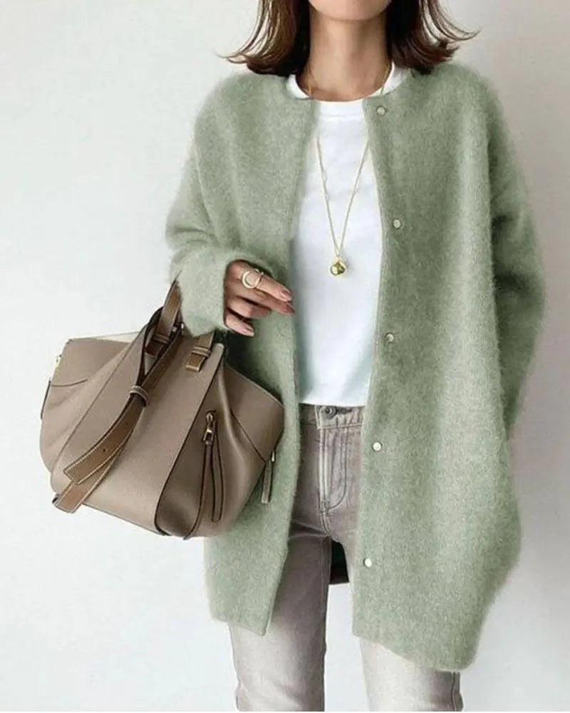 Women's long button-front cardigan with round neckline and long sleeves