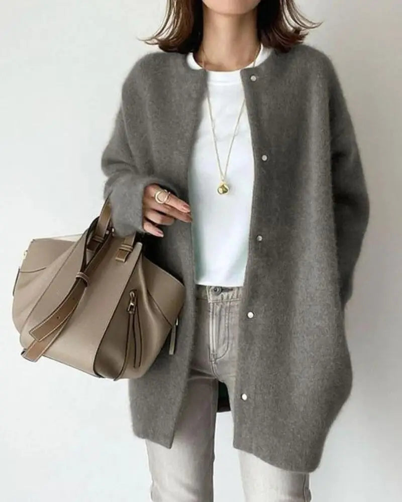 Women's long button-front cardigan with round neckline and long sleeves