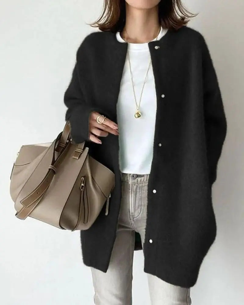 Women's long button-front cardigan with round neckline and long sleeves