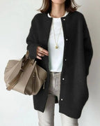 Women's long button-front cardigan with round neckline and long sleeves