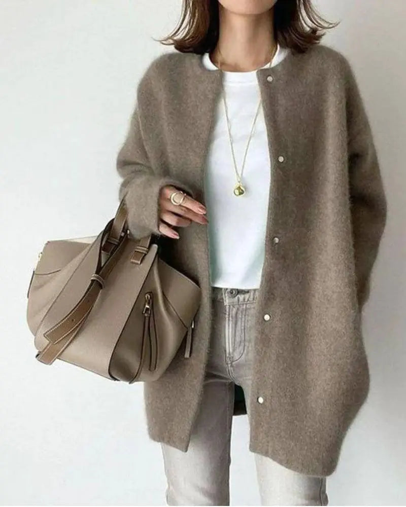 Women's long button-front cardigan with round neckline and long sleeves