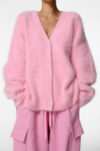 Women's fuzzy V-neck button cardigan with long sleeves