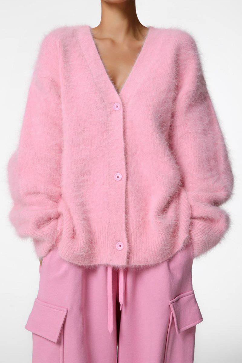 Women's fuzzy V-neck button cardigan with long sleeves
