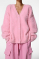 Women's fuzzy V-neck button cardigan with long sleeves