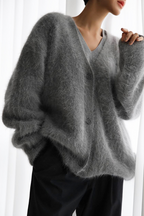 Women's fuzzy V-neck button cardigan with long sleeves