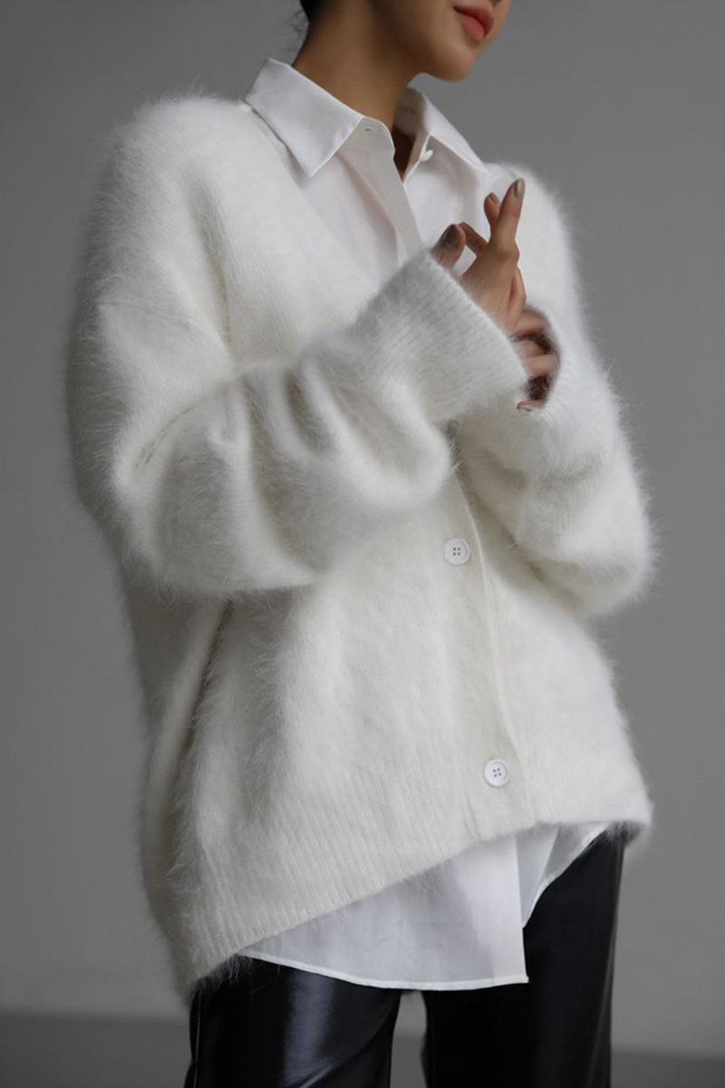 Women's fuzzy V-neck button cardigan with long sleeves