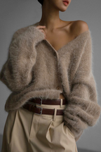 Women's fuzzy V-neck button cardigan with long sleeves