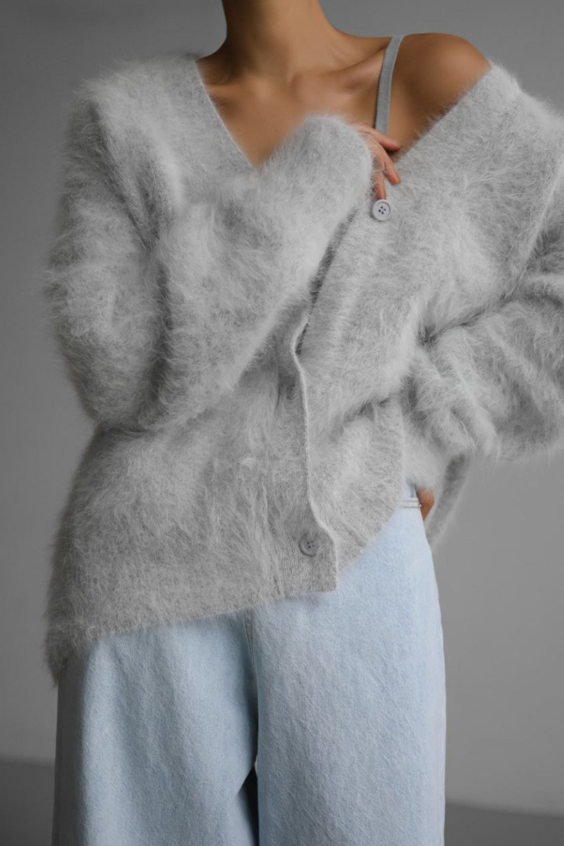 Women's fuzzy V-neck button cardigan with long sleeves