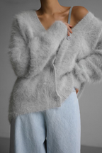 Women's fuzzy V-neck button cardigan with long sleeves