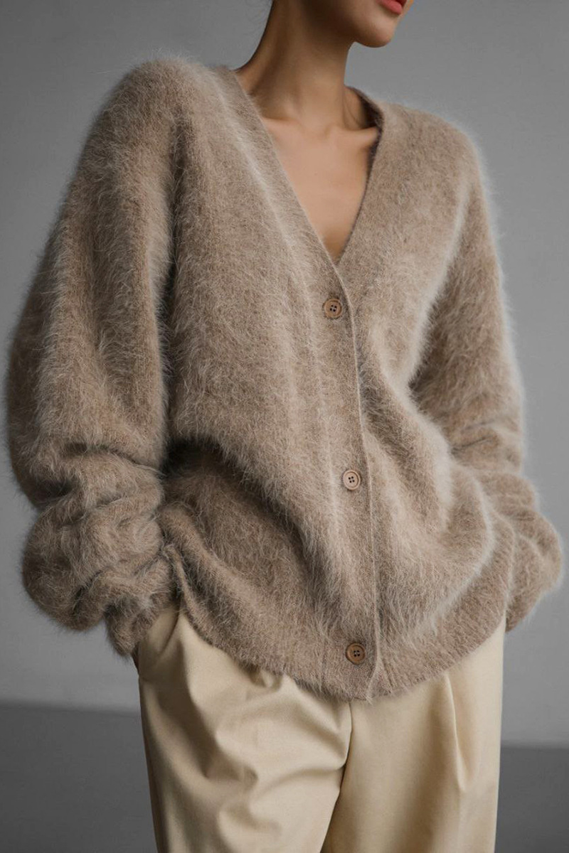 Women's fuzzy V-neck button cardigan with long sleeves