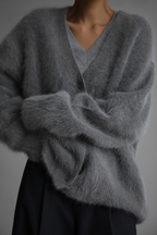 Women's fuzzy V-neck button cardigan with long sleeves