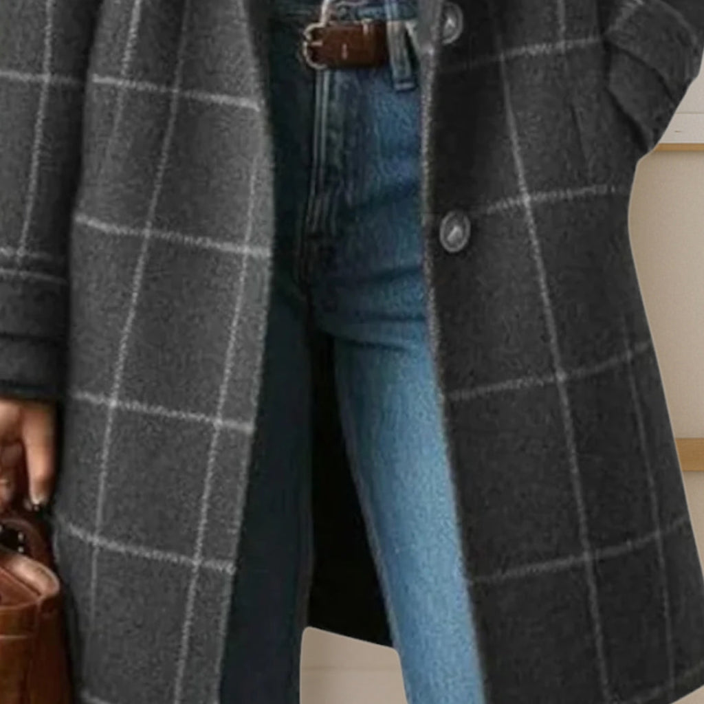 Women's long checkered coat with notched lapels and button front