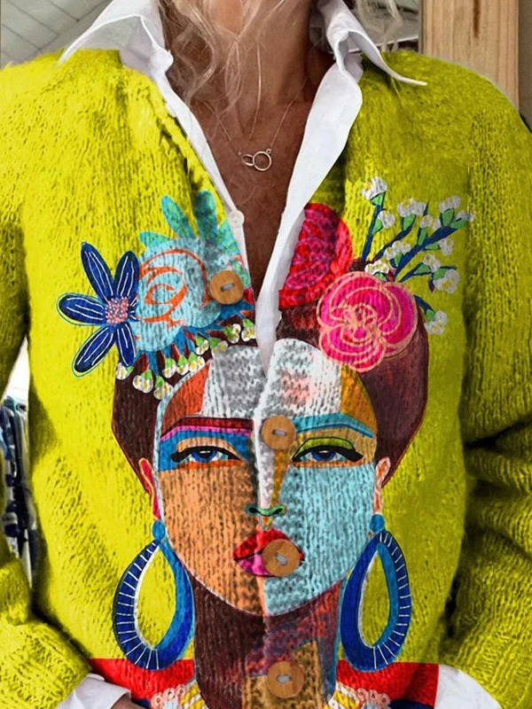 Women's multicolour cardigan with a stylised portrait, floral details and button front
