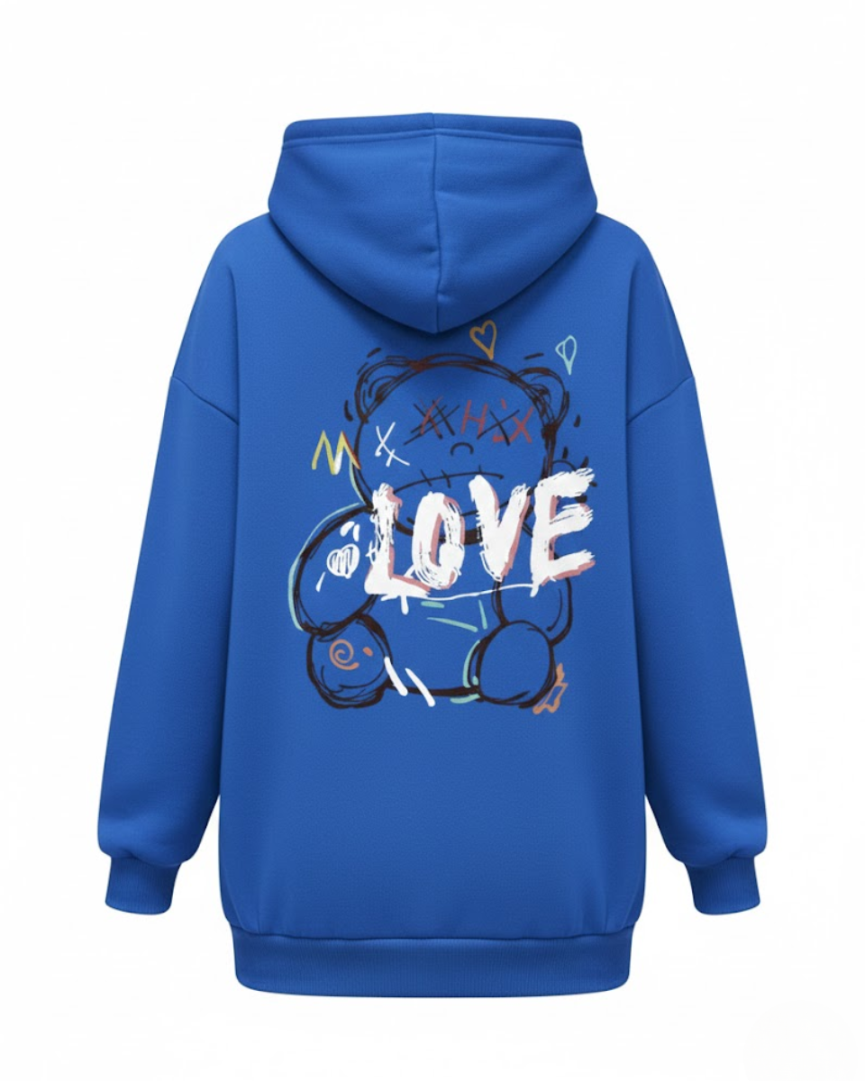 Unisex oversized hooded sweatshirt with illustrated LOVE graphic on the back