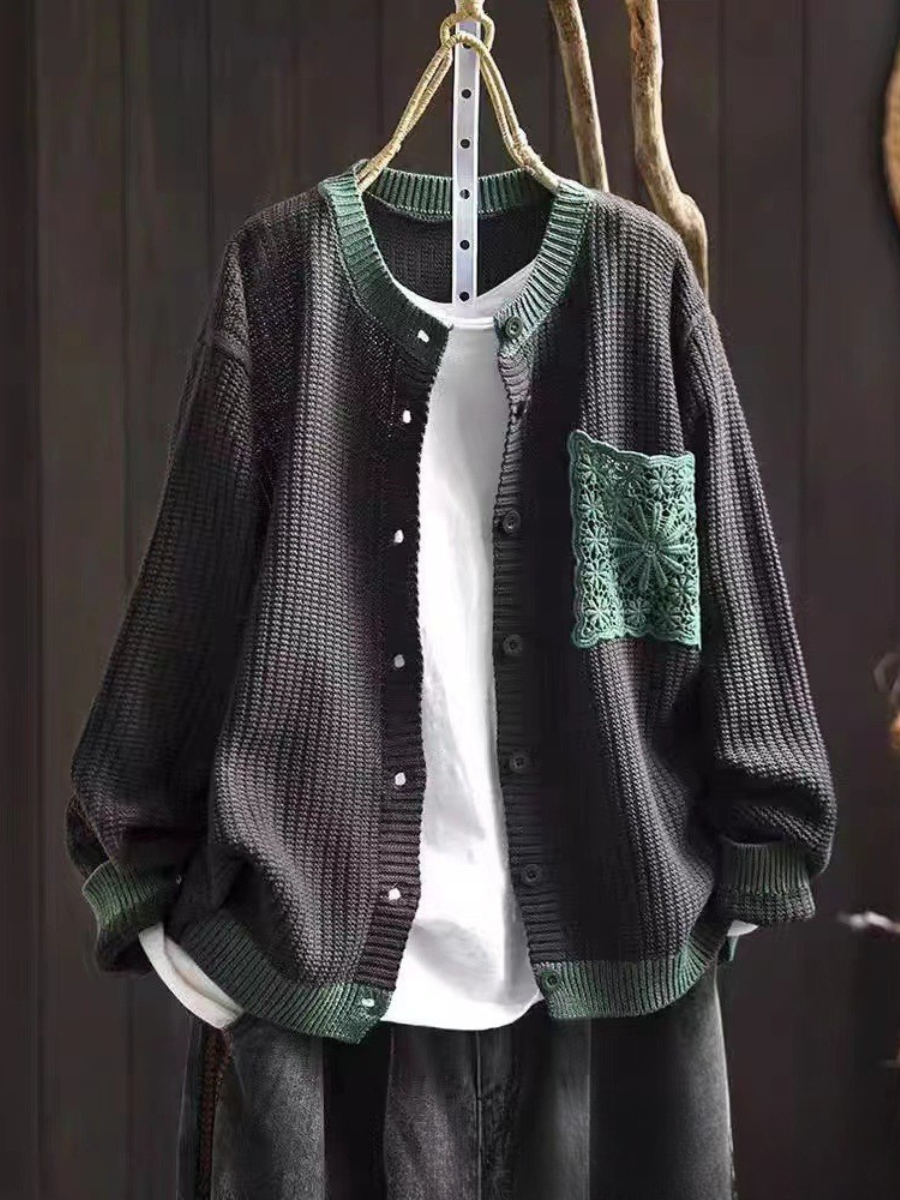 Women's knitted cardigan with button front, ribbed trims and decorative crochet-style chest pocket