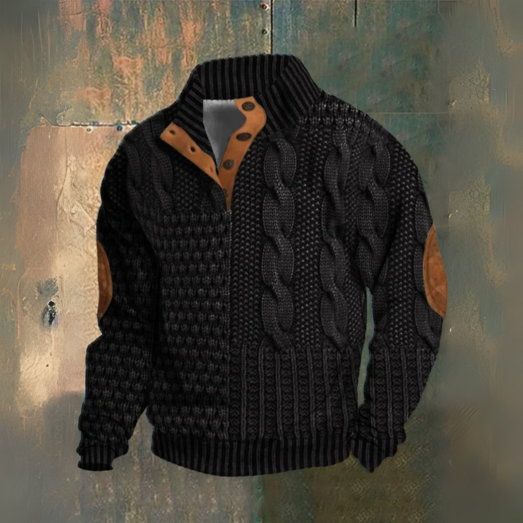 Men's cable knit jumper with high collar, buttons and elbow patches