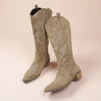 Embroidered women's cowboy boots with pointed toes and low heels
