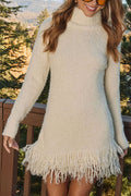Women's cream turtleneck knit mini dress with long sleeves and tassel hem