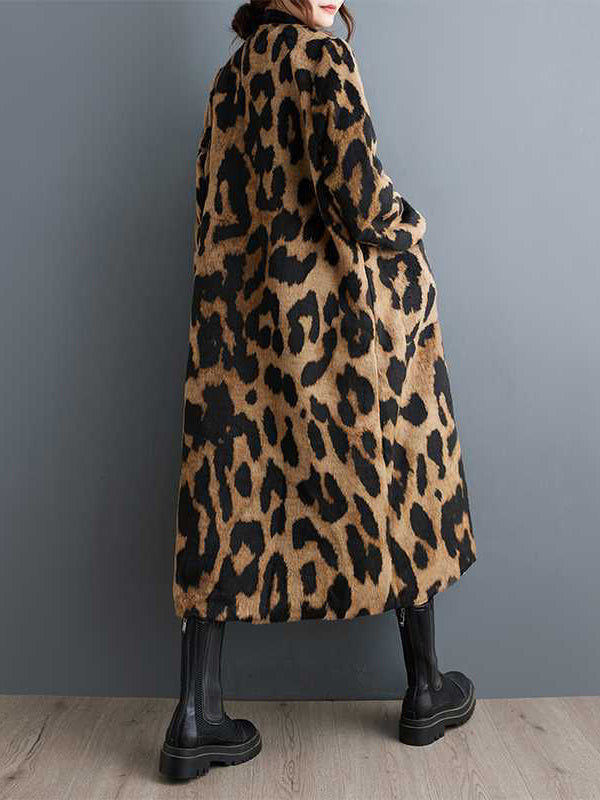 Women's brown leopard longline coat with buttons and patch pockets