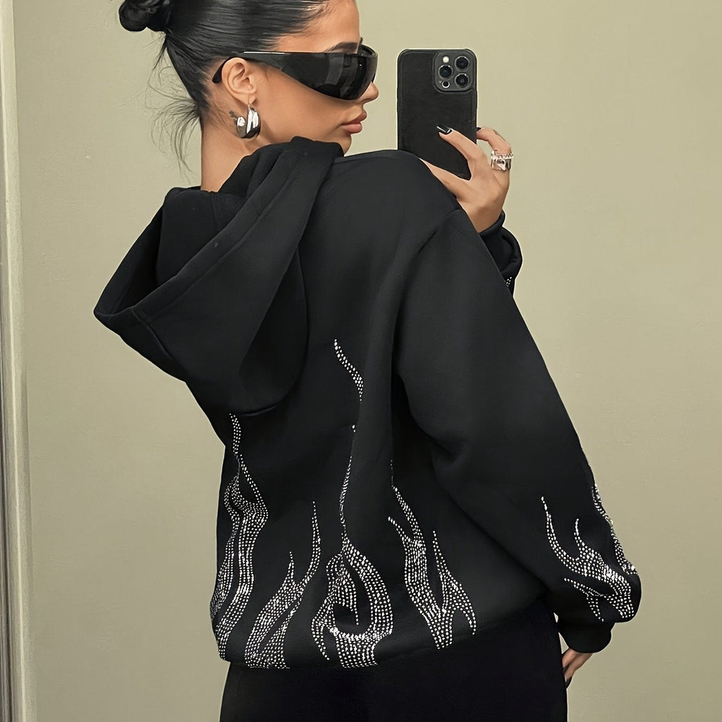 Women's hooded sweatshirt with rhinestone flame detailing on the back and sleeves