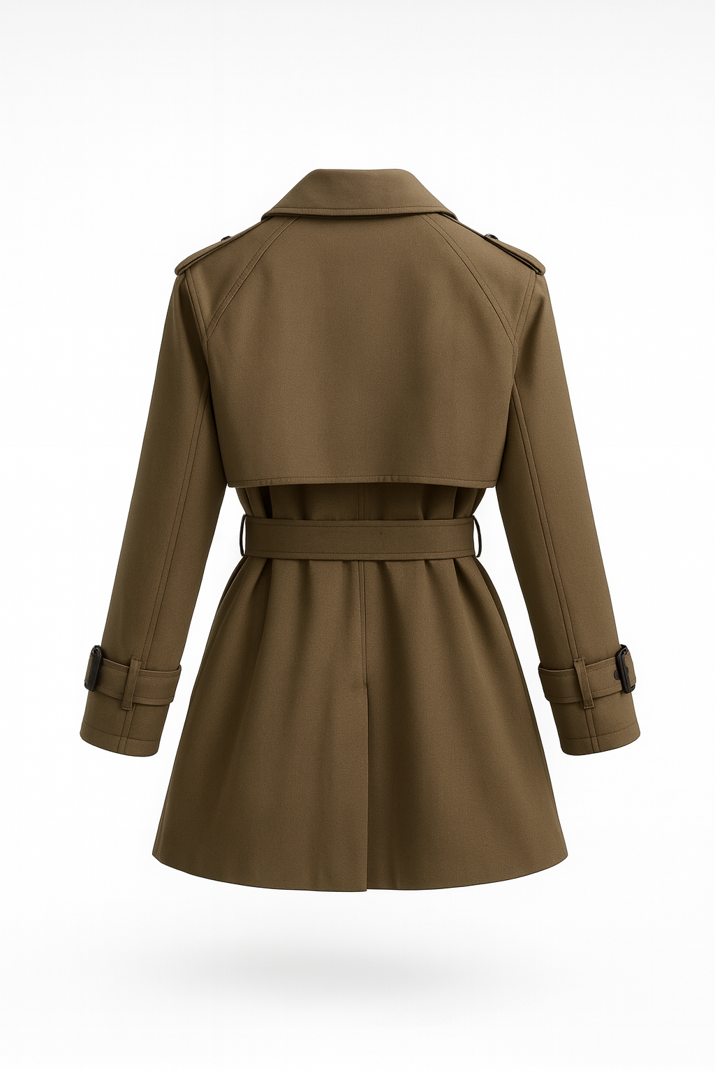 Women's belted double-breasted trench coat with long sleeves and notched collar