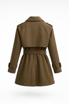 Women's belted double-breasted trench coat with long sleeves and notched collar