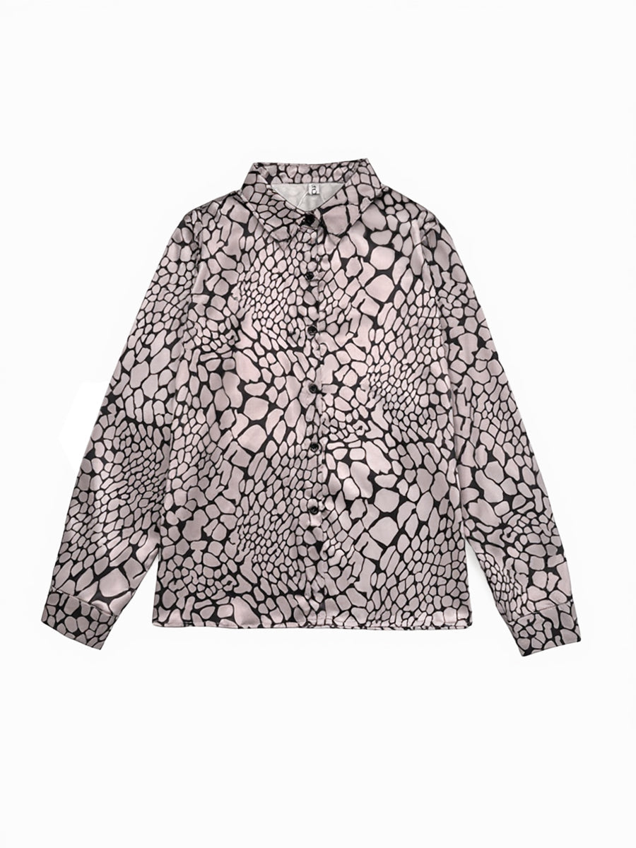 Women's grey and black snakeskin print blouse with lapel collar and long sleeves
