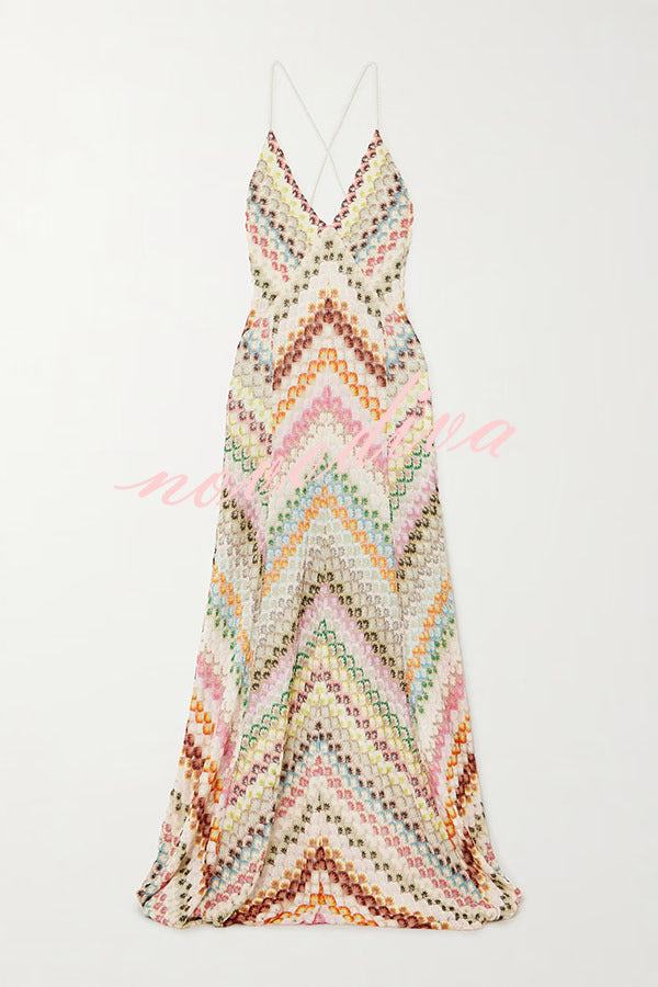 Women's multicoloured herringbone maxi dress with V-neck and spaghetti straps