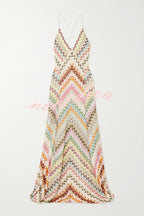 Women's multicoloured herringbone maxi dress with V-neck and spaghetti straps