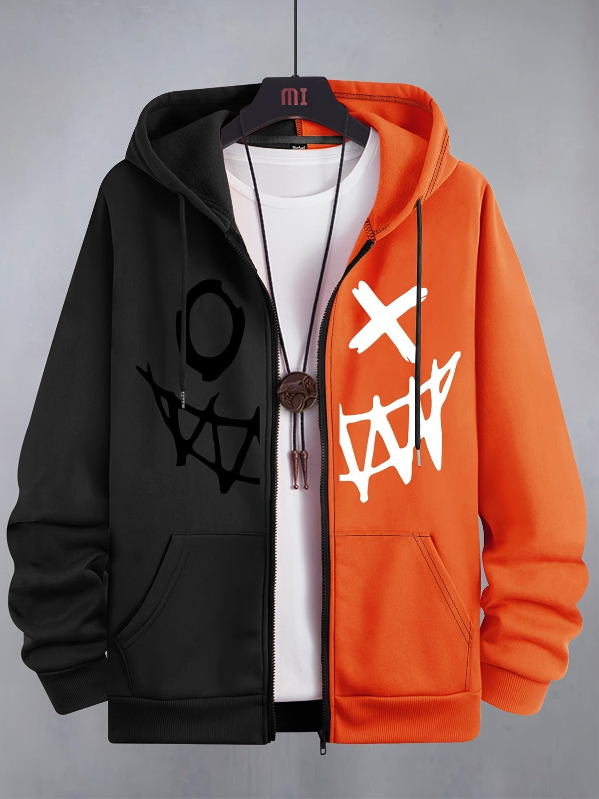 Men's two-tone graphic zip-up hoodie with drawstring hood and front pockets