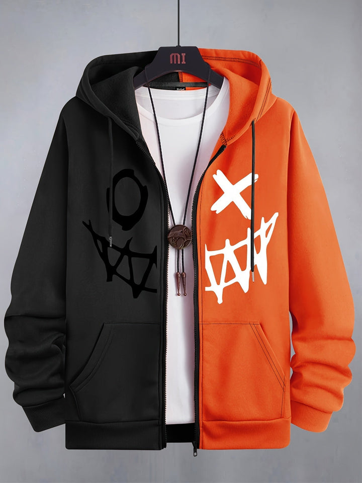 Men's two-tone graphic zip-up hoodie with drawstring hood and front pockets