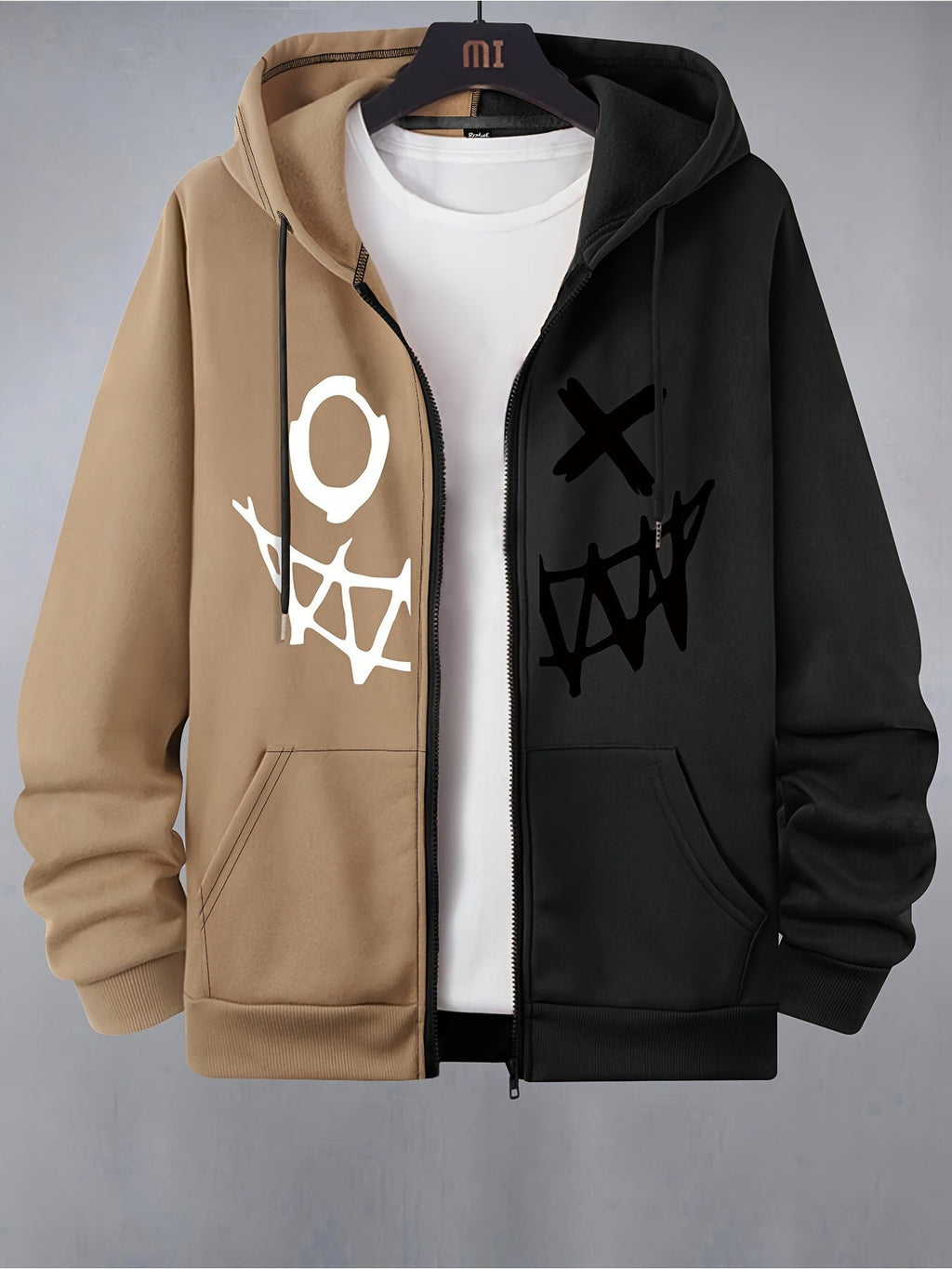Men's two-tone graphic zip-up hoodie with drawstring hood and front pockets