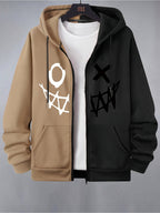 Men's two-tone graphic zip-up hoodie with drawstring hood and front pockets