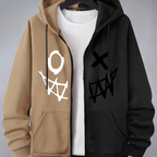 Men's two-tone graphic zip-up hoodie with drawstring hood and front pockets