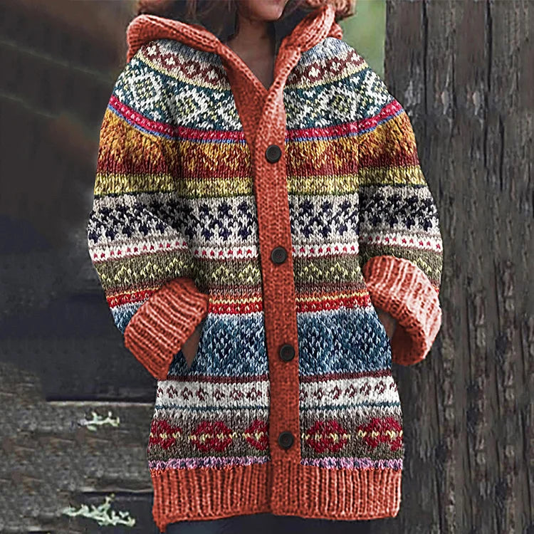 Women's Nordic patterned hooded knit cardigan with buttons