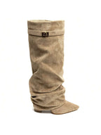 Women's slouch knee-high boot with pointed toe and low block heel