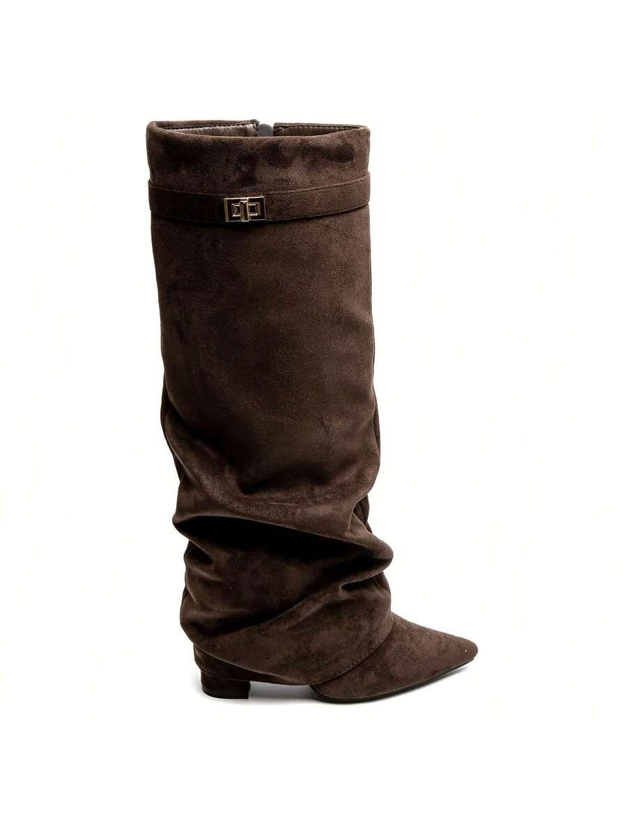 Women's slouch knee-high boot with pointed toe and low block heel