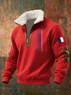 Men's half-zip aviator hoodie with high collar and aircraft chest graphic