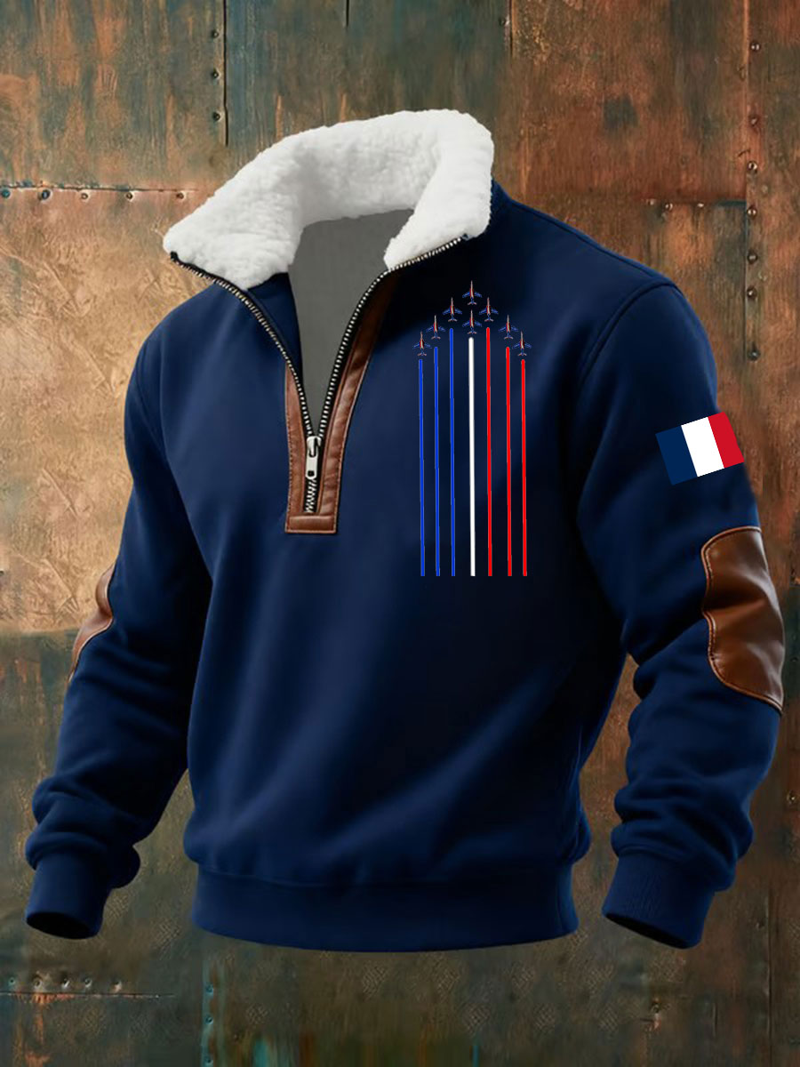Men's half-zip aviator hoodie with high collar and aircraft chest graphic