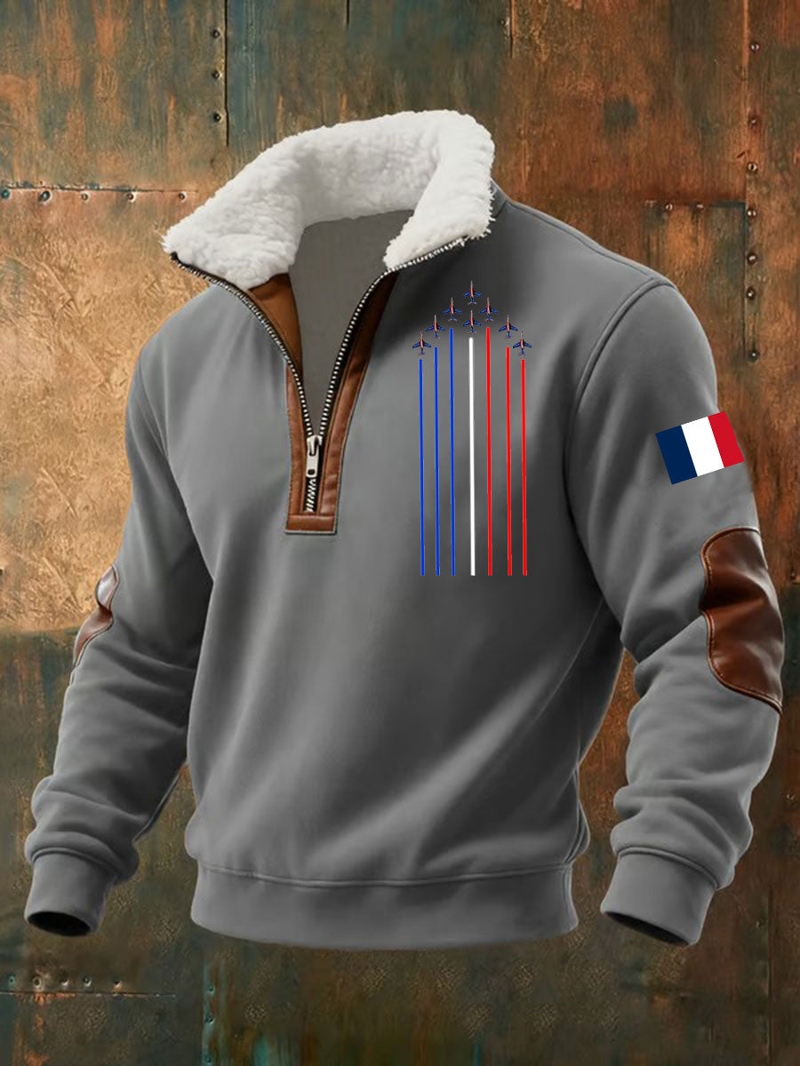 Men's half-zip aviator hoodie with high collar and aircraft chest graphic