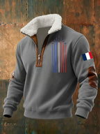 Men's half-zip aviator hoodie with high collar and aircraft chest graphic